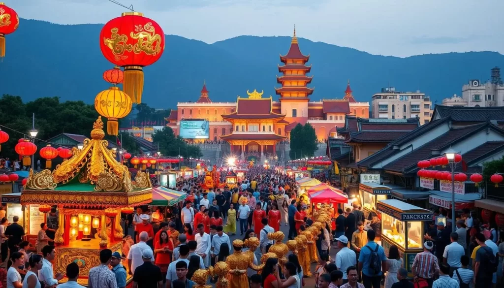 A vibrant festival in Chiayi County, Taiwan, with colorful lanterns, traditional dancers, and lively crowds. In the foreground, a grand parade featuring elaborately decorated floats and costumed performers. In the middle ground, bustling food stalls offering local delicacies. In the background, historic temples and buildings bathed in warm, golden light. Capture the festive atmosphere with a wide-angle lens, showcasing the energy and cultural richness of this Taiwanese celebration.