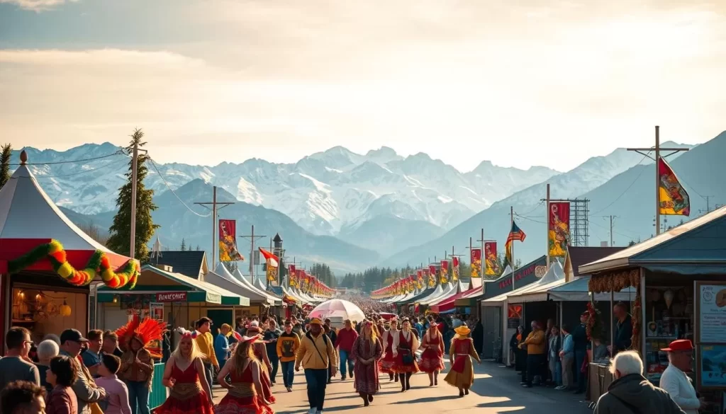 A vibrant festival in the heart of Alaska, bustling with energy and cultural traditions. In the foreground, a lively parade with colorful floats, dancers in traditional costumes, and cheerful onlookers lining the streets. The middle ground features various food stalls and artisanal vendors, offering a tantalizing array of local delicacies and handcrafted goods. In the background, majestic snow-capped mountains rise, creating a breathtaking natural backdrop to the festivities. The scene is illuminated by warm, golden sunlight, casting a serene glow over the entire celebration. An atmosphere of joyous community and vibrant cultural exchange permeates the air.
