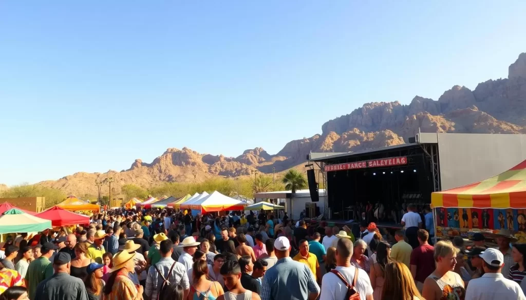 A vibrant festival in the heart of Arizona, with a lively crowd gathered amidst a colorful array of vendors and performers. In the foreground, locals and tourists alike mingle, sampling regional cuisine and browsing handcrafted wares. The middle ground features an energetic stage, where musicians and dancers captivate the audience with traditional performances. In the background, the warm desert landscape provides a scenic backdrop, with towering mountains and a clear blue sky overhead. The scene is illuminated by warm, golden lighting, creating a festive and welcoming atmosphere. Capture the essence of Arizona's year-round celebration of its rich cultural heritage.