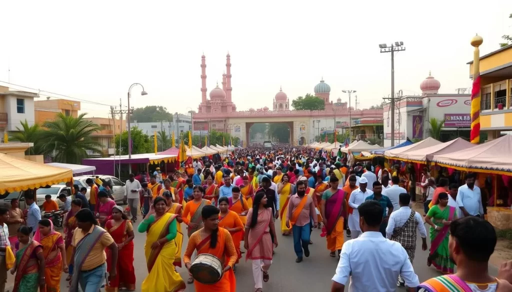 A vibrant festival in the heart of a Telangana city, bustling with energy and cultural traditions. In the foreground, a lively procession of colorfully dressed dancers and musicians weave through the streets, their movements in sync with the rhythmic beats of drums and cymbals. In the middle ground, stalls and tents line the roads, offering an array of local crafts, delicacies, and festive decorations. The background is framed by the iconic architecture of the city, with towering spires and domes standing tall against a warm, golden-hued sky. The scene is illuminated by the soft, diffused lighting of a perfect day, capturing the joyous atmosphere and inviting visitors to immerse themselves in the vibrant festivities.
