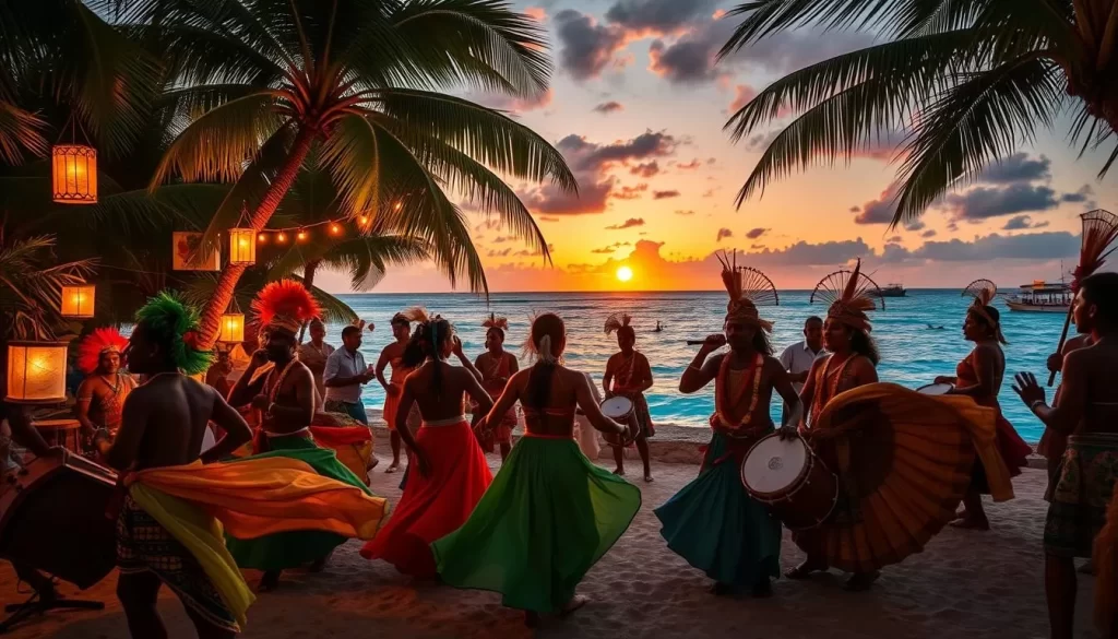 A vibrant festival in the tropical paradise of Lakshadweep. Colorful costumes and masks of local tribes dance to the rhythm of drums, as the sun sets over the azure waters of the Arabian Sea. In the foreground, a lively celebration with traditional music and dance, flowing garments swaying gracefully. In the middle ground, a backdrop of palm-fringed beaches and turquoise lagoons. The warm glow of lanterns and torches illuminate the scene, creating a magical, immersive atmosphere. Capture the cultural richness and festive spirit of this remote, enchanting archipelago.