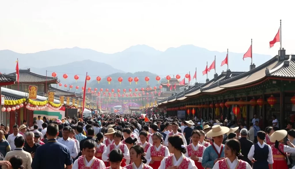 A vibrant festival scene in Gangwon Province, South Korea, on a warm, sunny day. In the foreground, a bustling crowd of people dressed in traditional Korean hanbok clothing, immersed in lively dance performances and cultural activities. In the middle ground, a backdrop of colorful pavilions, lanterns, and ornate decorations adorning the streets. In the distance, the majestic mountains of Gangwon Province rise, providing a stunning natural setting for this celebration of local heritage and community. Soft, diffused lighting illuminates the joyful atmosphere, capturing the essence of Gangwon's rich festival culture.
