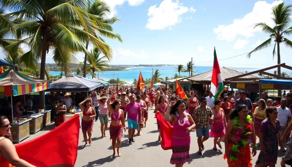 A vibrant festival scene in Guam, captured on a bright, sunny day. In the foreground, a colorful parade with dancers in traditional island attire, adorned with leis and waving banners. In the middle ground, lively food stalls and artisanal craft vendors, their wares showcased under thatched-roof canopies. In the background, a picturesque coastal landscape with swaying palm trees and a serene, azure ocean. The mood is one of joyous celebration, with a warm, tropical atmosphere evoked by soft, diffused lighting and a sense of community and cultural heritage.