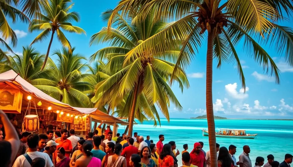 A vibrant festival scene in Lakshadweep, India, captures the community's cultural traditions. In the foreground, a lively crowd gathers, dressed in colorful, traditional attire, engaged in joyous dancing to the rhythmic beats of drums and other local instruments. In the middle ground, stalls offer a variety of handcrafted goods, tempting visitors with the rich tapestry of Lakshadweep's artistry. The background showcases the idyllic island landscape, with swaying palm trees and azure waters of the Arabian Sea, creating a serene and picturesque backdrop for the vibrant festivities. Warm, golden lighting illuminates the scene, evoking a sense of warmth and celebration.