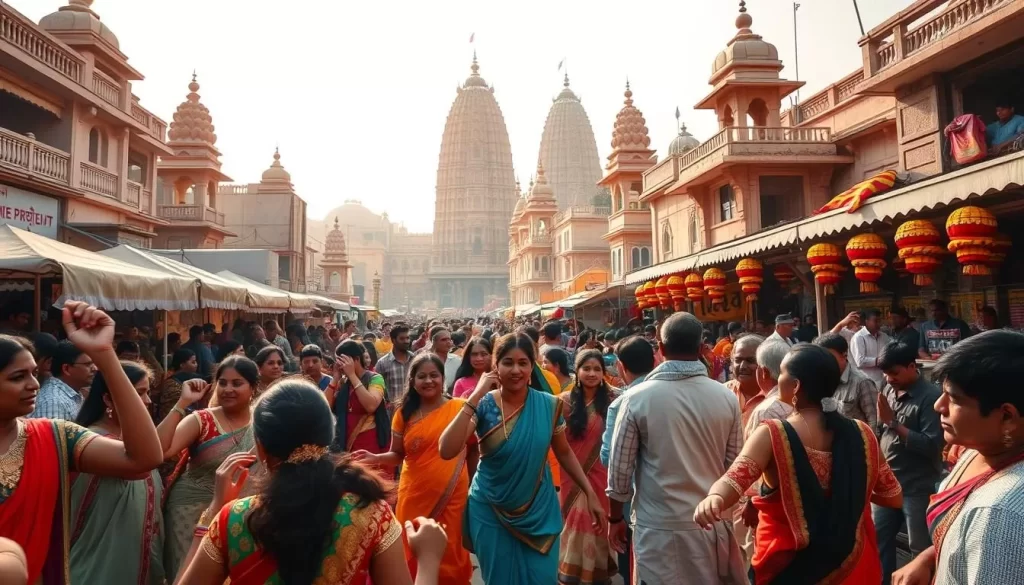 A vibrant festival scene in Maharashtra, India. In the foreground, colorfully dressed revelers dance to the rhythmic beats of traditional music, their joyful expressions captured in a wide, high-angle shot. In the middle ground, stalls selling local crafts, spices, and delicacies line the streets, creating a bustling, lively atmosphere. In the background, the towering, ornate architecture of historic temples and palaces provides a stunning backdrop, bathed in warm, golden sunlight that filters through the clear sky. The scene conveys the energy, culture, and celebratory spirit of Maharashtra's festival season.