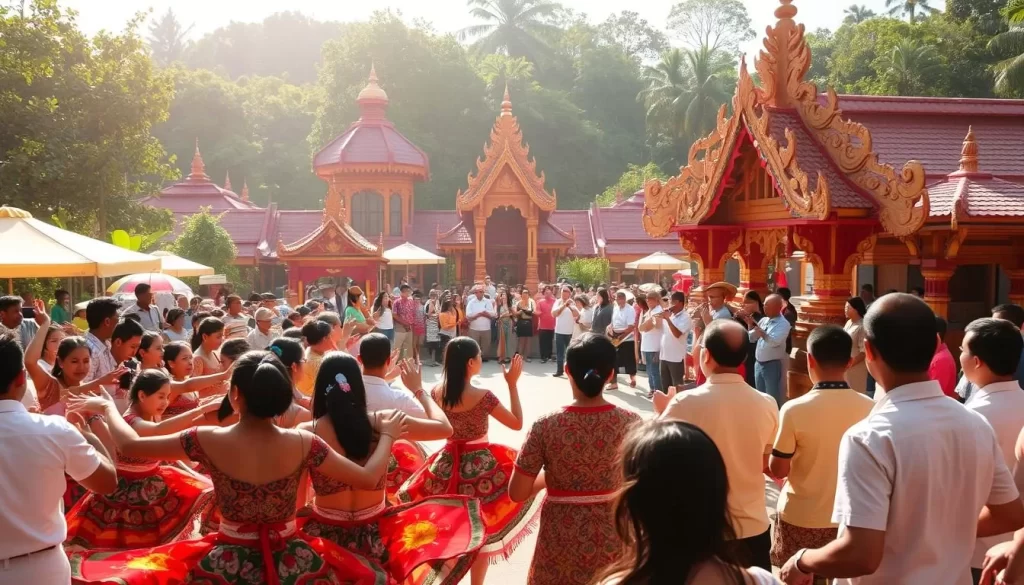 A vibrant festival scene in Malaysia, with people immersed in a lively celebration. In the foreground, a group of dancers perform traditional Malaysian dances, their colorful costumes swirling in the warm sunlight. In the middle ground, a crowd gathers around a stage, watching musicians play traditional instruments and singing along to the upbeat rhythms. In the background, a series of pavilions and structures adorned with intricate carvings and decorations, surrounded by lush greenery. The atmosphere is festive and joyous, with a sense of community and cultural pride permeating the scene.