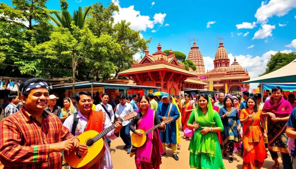 A vibrant festival scene in Mizoram, India, with colorfully dressed locals dancing and celebrating under a blue sky filled with lush greenery. In the foreground, a group of musicians play traditional instruments, their faces alight with joy. In the middle ground, stalls selling handcrafted goods and local delicacies line the streets, while in the background, ornate temples and traditional architecture provide a stunning backdrop. The scene is bathed in warm, natural lighting, conveying a celebratory and immersive atmosphere.