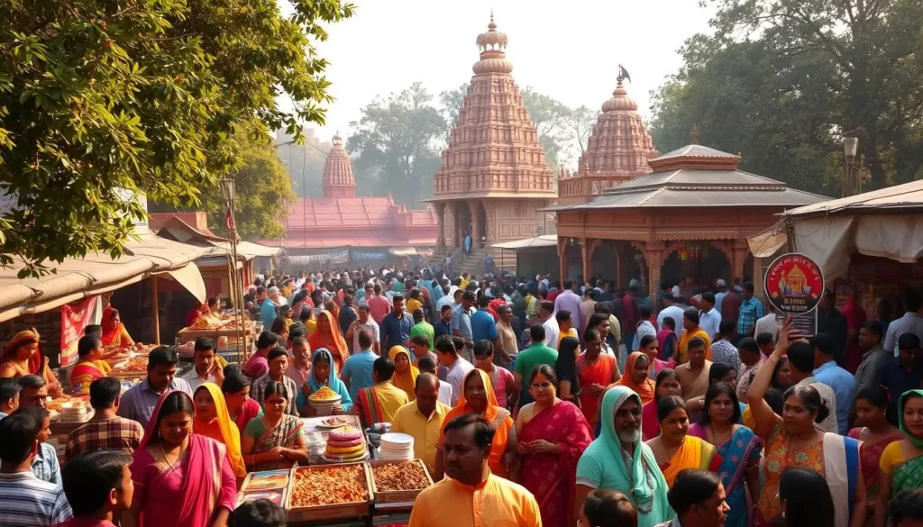 A vibrant festival scene in Odisha, India. Crowds of people dressed in colorful traditional attire gather in a bustling marketplace. Vendors sell an array of handcrafted goods, spices, and local delicacies. In the background, ornate temples and shrines stand tall, their intricate architecture reflecting the region's rich cultural heritage. Warm afternoon sunlight filters through the trees, casting a golden glow over the festive atmosphere. Joyful music and laughter fill the air, capturing the essence of Odisha's cultural vibrancy.