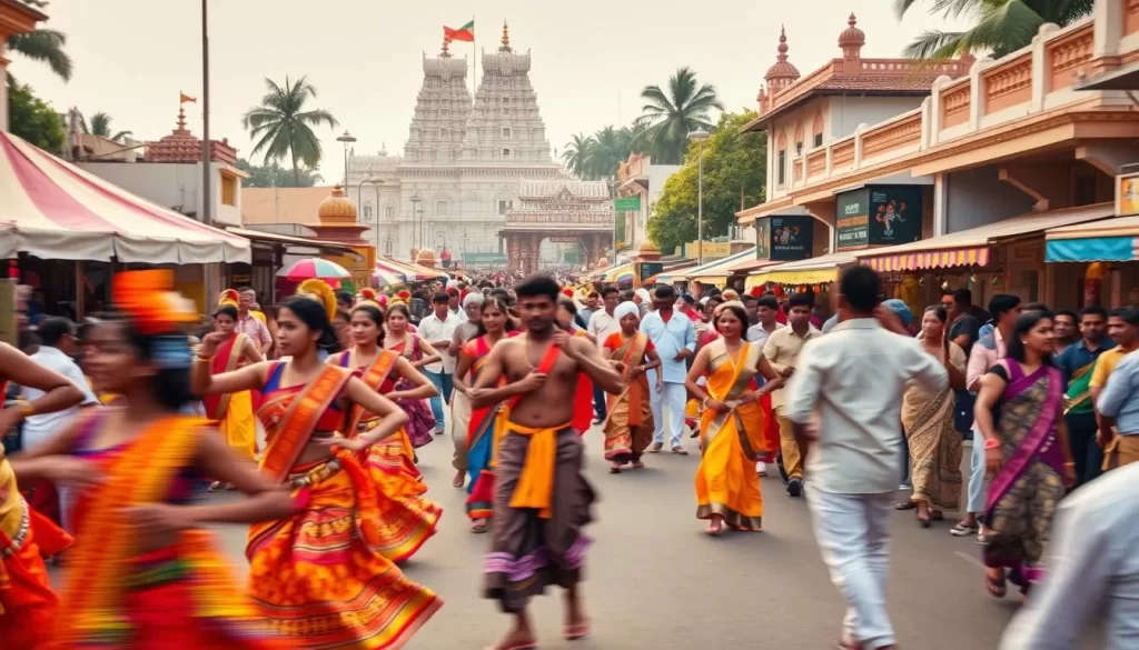 A vibrant festival scene in Pondicherry, India, with colorful processions, elaborate costumes, and lively music. The foreground showcases a group of dancers performing traditional steps, their movements captured in a blur of motion. In the middle ground, a crowded street is lined with stalls selling exotic wares and delectable local cuisines. The background features ornate temples and colonial architecture, bathed in warm, golden light that creates a sense of timelessness. The overall atmosphere exudes a celebratory energy, inviting the viewer to immerse themselves in the rich cultural tapestry of this enchanting union territory.