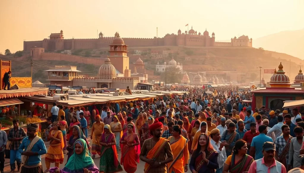 A vibrant festival scene in Rajasthan, India. In the foreground, a colorful procession of dancers and musicians with traditional attire and instruments. In the middle ground, a bustling market with vibrant stalls selling local handicrafts, textiles, and delicacies. In the background, majestic forts and palaces against a warm, golden sky. Warm, diffused lighting creates a festive, celebratory atmosphere. Capture the energy, culture, and spirit of Rajasthan's renowned festivals.