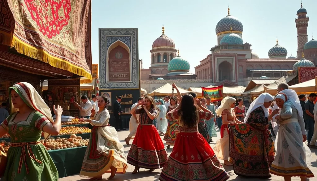 A vibrant festival scene in Uzbekistan, with intricate tapestries, colorful costumes, and lively music. In the foreground, a group of performers dance to the rhythmic beat of traditional instruments, their movements fluid and graceful. In the middle ground, vendors offer an array of handcrafted goods, from vibrant ceramics to ornate textiles. The background is filled with ornate architecture, domes, and minarets, casting a warm glow under the bright, natural lighting. The atmosphere is one of celebration, culture, and a deep sense of tradition. Capture the essence of Uzbekistan's rich festival heritage in a realistic, high-quality image.
