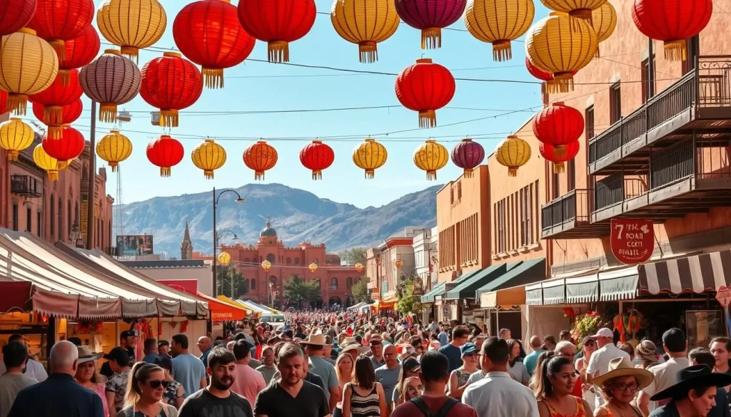 A vibrant festival scene in downtown El Paso, Texas. In the foreground, crowds of people stroll through bustling food stalls, sampling regional delicacies and crafts. Warm sunlight filters through a canopy of colorful paper lanterns strung overhead. In the middle ground, a mariachi band plays lively music, their vibrant costumes and animated performance drawing a lively audience. In the background, historic adobe buildings and towering mountains create a picturesque backdrop, emphasizing the unique Southwestern charm of the event. The overall atmosphere is one of joy, community, and cultural celebration.
