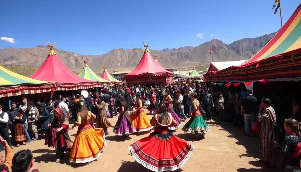 A vibrant festival scene in the heart of Mongolia, with colorful traditional tents and a bustling crowd of locals and visitors. Capture the energy of the celebration, with dancers in elaborate costumes swirling amidst the lively music. Showcase the stunning natural backdrop, with rugged mountains and clear blue skies. Use a wide-angle lens to convey the grandeur of the event, with a crisp, well-lit composition that draws the viewer into the festive atmosphere. Evoke a sense of cultural immersion and the rich heritage of Mongolia's nomadic traditions.