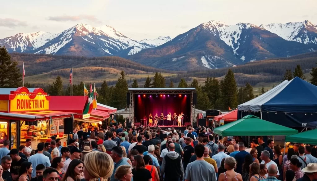 A vibrant festival scene in the heart of Montana's picturesque landscape. In the foreground, a lively crowd gathers around colorful food stalls and craft vendors, their laughter and chatter filling the air. In the middle ground, a stage is set for live music, performers captivating the audience with their rhythmic movements. The background showcases the majestic Rocky Mountains, their snow-capped peaks reaching towards a warm, golden sky. Warm lighting casts a cozy glow over the entire scene, creating an inviting and celebratory atmosphere. The festival's vibrant energy and Montana's natural splendor seamlessly blend, offering a glimpse into the state's rich cultural tapestry.