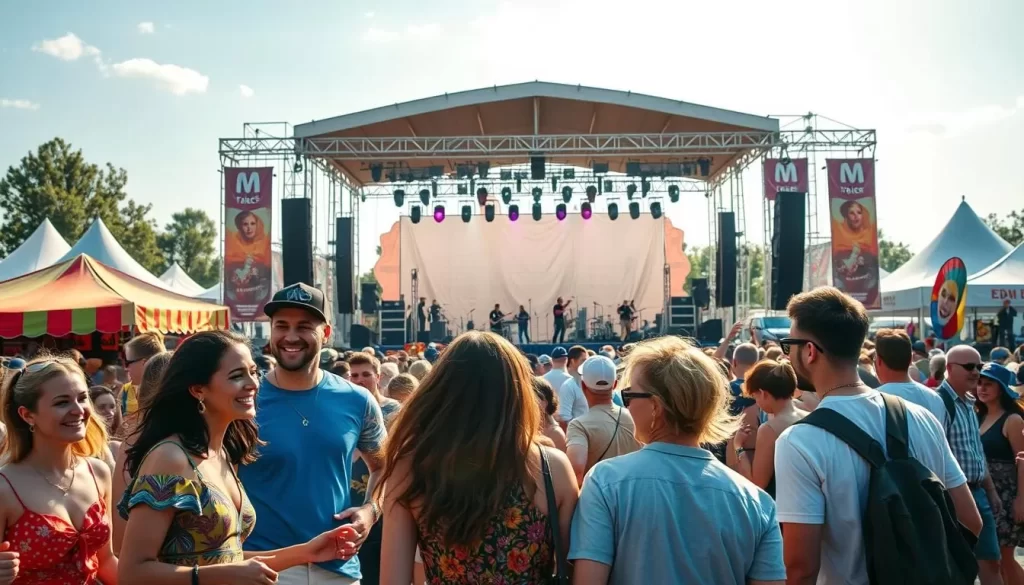 A vibrant festival scene set against a warm, sunny day. In the foreground, a group of friends laughing and dancing, their colorful outfits and accessories adding pops of energy. In the middle ground, a bustling food court with delectable local cuisine and craft vendors offering unique wares. The background frames a magnificent stage, where musicians perform with infectious enthusiasm, drawing a captivated crowd. Soft, diffused lighting creates a welcoming, celebratory atmosphere. Capture the spirit of festival season with this lively, immersive composition.