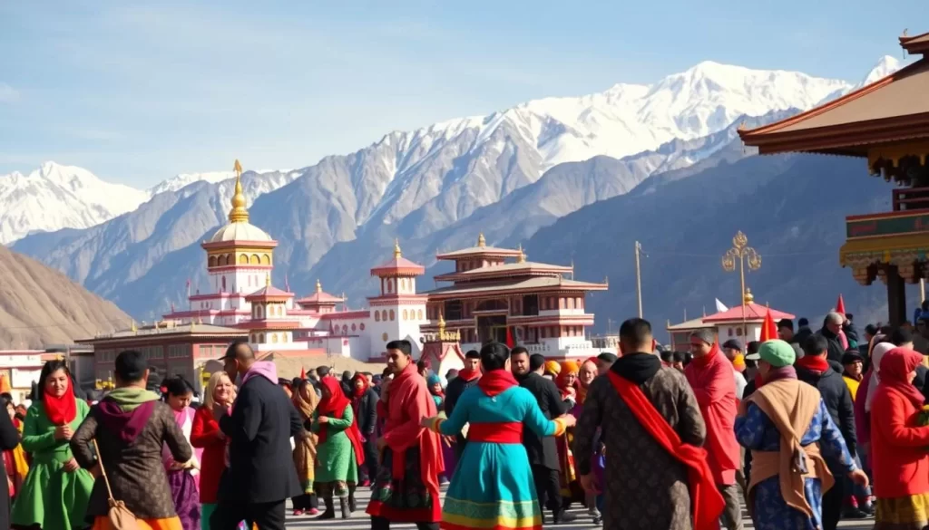 A vibrant, festive scene of the Losar (Tibetan New Year) celebration in Ladakh, India. In the foreground, colorfully dressed locals engage in traditional dances and rituals, their movements captured in a crisp, natural lighting. The mid-ground features ornate, snow-capped monasteries and shrines, their architecture reflecting the region's Tibetan Buddhist heritage. In the background, towering Himalayan peaks provide a majestic, awe-inspiring backdrop, evoking a sense of tranquility and timelessness. The overall atmosphere is one of joyous celebration, cultural richness, and a harmonious blend of the ancient and the modern.