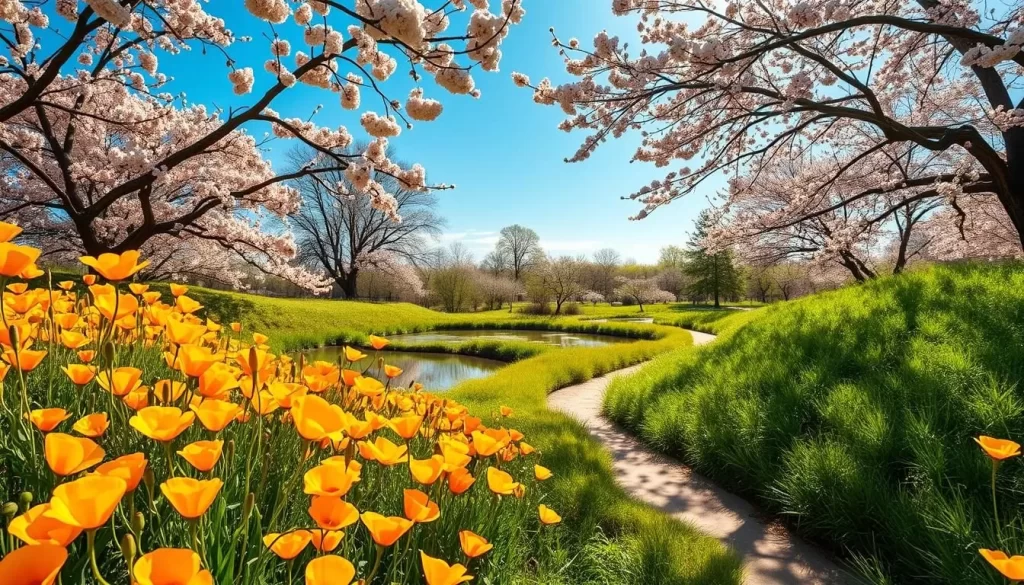 A vibrant field of California poppies, their golden petals gently swaying in the spring breeze. In the middle ground, a serene pond reflects the blue sky above, surrounded by lush, verdant foliage. The warm, diffused sunlight filters through the canopy of blooming cherry blossom trees, casting a soft, romantic glow over the entire scene. A winding path leads the viewer into the frame, inviting exploration of this idyllic springtime oasis. The overall atmosphere is one of tranquility, renewal, and the natural beauty that embodies the spirit of springtime in California.