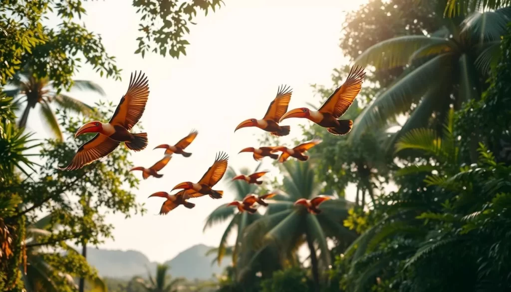 A vibrant flock of colorful hornbills soaring gracefully through the lush, verdant canopy of a tropical forest on Pangkor Island. The majestic birds, with their distinctive large, curved beaks, are captured in dynamic mid-flight, their wings outstretched against a bright, sun-dappled sky. The foreground features the detailed textures and intricate patterns of the hornbills' plumage, while the middle ground showcases the rich, diverse foliage of the surrounding forest. In the background, towering palm trees and distant hills create a serene, tranquil atmosphere, highlighting the natural beauty of this Malaysian paradise. Soft, warm lighting and a shallow depth of field enhance the sense of depth and focus the viewer's attention on the captivating wildlife encounter.