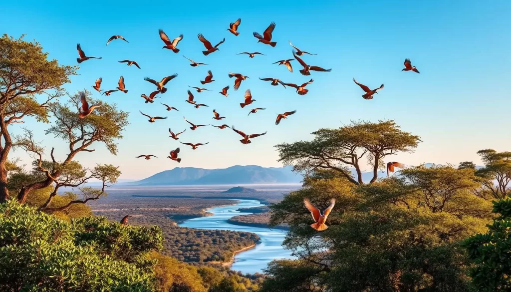 A vibrant flock of exotic bird species soars gracefully against a serene, azure sky. In the lush, verdant foreground, a variety of colorful feathered creatures perch on the branches of towering, leafy trees, their plumage shimmering in the warm, golden sunlight. The middle ground reveals a tranquil, winding river, its calm waters reflecting the natural splendor of the surrounding Mkomazi landscape. In the distance, the rugged silhouettes of distant hills and mountains create a picturesque, awe-inspiring backdrop, conveying a sense of the untamed wilderness that characterizes this remarkable Tanzanian national park.