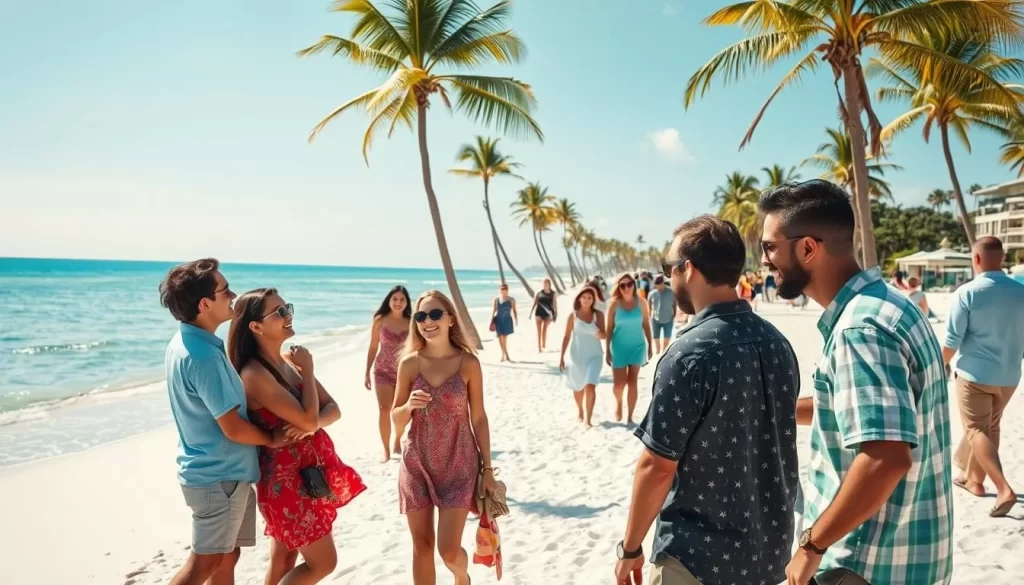 A vibrant gathering of English language speakers in sunny Florida, captured in a candid snapshot. In the foreground, a group of friends casually chat on a picturesque beach, their laughter and easy conversations reflecting the warm, welcoming atmosphere. In the middle ground, families and individuals stroll along the pristine white sand, pausing to take in the breathtaking view of the gently lapping azure waves. In the background, swaying palm trees and a cloudless sky create a serene, quintessentially Floridian setting. Warm, natural lighting bathes the scene, highlighting the joy and camaraderie of this diverse community of English speakers, who have made this beautiful state their home.