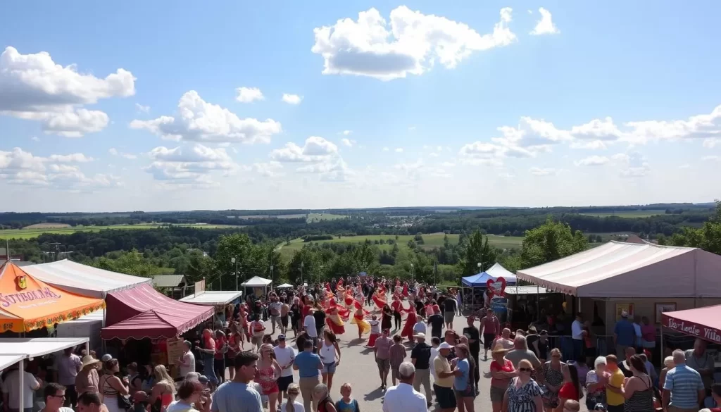 A vibrant gathering of summer festivals in Indiana, captured under the golden glow of the sun. In the foreground, festive booths and stalls offer an array of local crafts, delectable foods, and lively music. Crowds meander through the bustling scene, basking in the warmth and energy of the occasion. The middle ground reveals a colorful parade, with dancers and performers adorned in traditional Indiana attire, their vibrant costumes and choreography captivating the onlookers. In the background, a picturesque landscape unfolds, featuring rolling hills, lush greenery, and a clear blue sky dotted with fluffy white clouds, creating a serene and picturesque backdrop for the summer festivities.