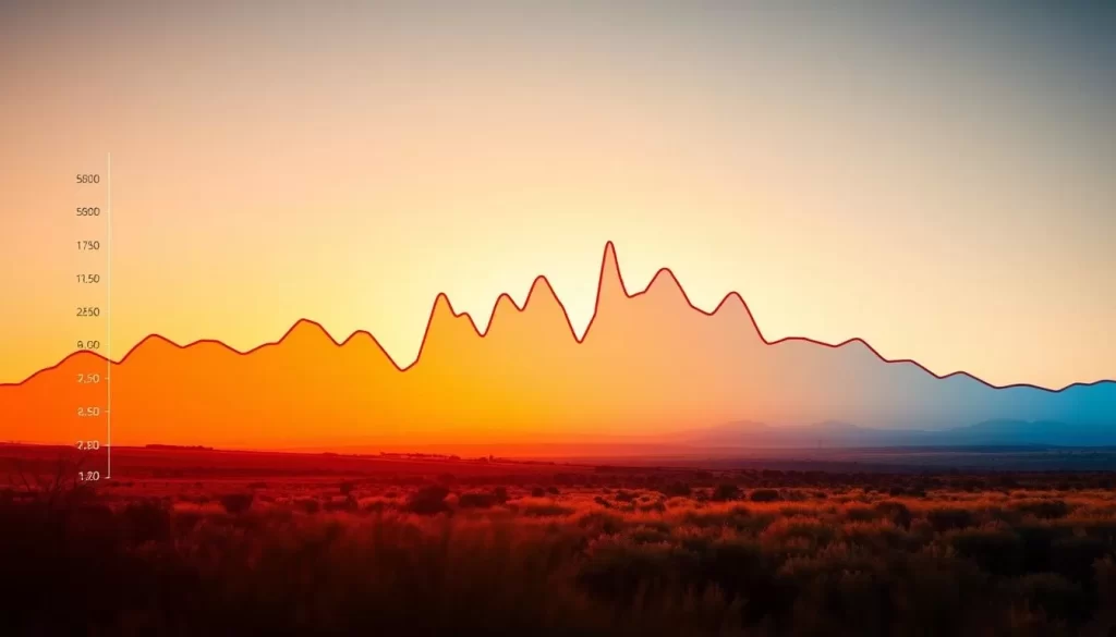 A vibrant graph depicting the temperature ranges throughout the year in Texas, USA. Warm hues of orange and red dominate the foreground, showcasing the scorching summer temperatures, transitioning to cooler blues and greens in the winter months. The midground features a detailed line graph, illustrating the fluctuations with precision. In the background, a subtle landscape unfolds, capturing the diverse geographical regions of the Lone Star State. Crisp lighting accentuates the data visualization, creating a visually compelling and informative representation of Texas' climate.