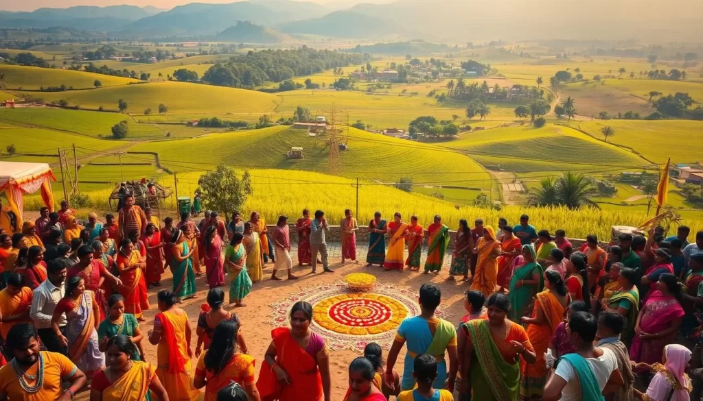 A vibrant harvest festival in the heart of Karnataka, India. In the foreground, colorfully dressed villagers gather to celebrate, their lively dances and joyful expressions capturing the festive spirit. In the middle ground, ornate decorations and intricate rangoli patterns adorn the ground, creating a visually striking scene. In the background, lush green fields and rolling hills provide a picturesque backdrop, bathed in warm, golden sunlight that casts a soft, welcoming glow over the entire landscape. The atmosphere is one of boundless energy, cultural pride, and a deep connection to the land and its bountiful harvest.