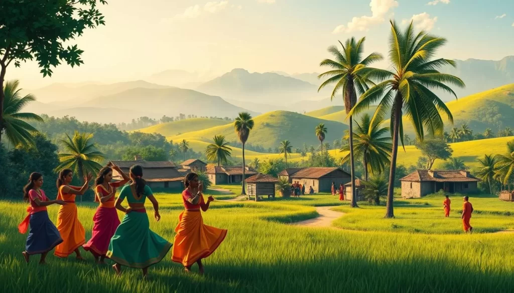 A vibrant, high-resolution illustration showcasing the cultural influence of the Khortha language in the lush, verdant landscapes of Jharkhand, India. In the foreground, a group of people engage in a traditional Khortha dance, their colorful attire and graceful movements accentuated by warm, natural lighting. The middle ground features a bustling village scene, with mud-brick houses, towering palm trees, and locals going about their daily activities. In the background, rolling hills and distant mountains create a serene, picturesque backdrop, reflecting the tranquil ambiance of the region. The overall composition conveys a sense of harmony and cultural vibrancy, showcasing the deep-rooted influence of the Khortha language within the diverse tapestry of Jharkhand.