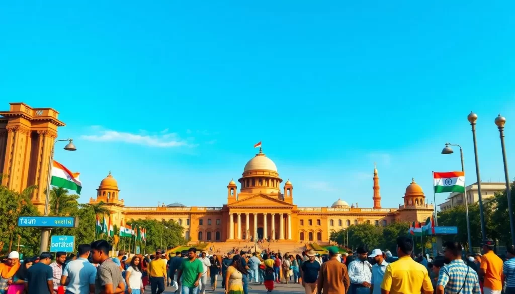 A vibrant, highly detailed scene showcasing the official languages of the National Capital Territory, India. Set against a clear blue sky, the foreground features a grand, imposing government building with intricate architectural details. In the middle ground, bustling crowds converse in various languages, representing the diverse linguistic landscape. The background displays iconic landmarks and cityscape typical of the region, bathed in warm, golden lighting. The overall atmosphere conveys a sense of cultural richness and administrative authority. Employ a high-resolution, photorealistic rendering style with a sharp focus and sharp depth of field.
