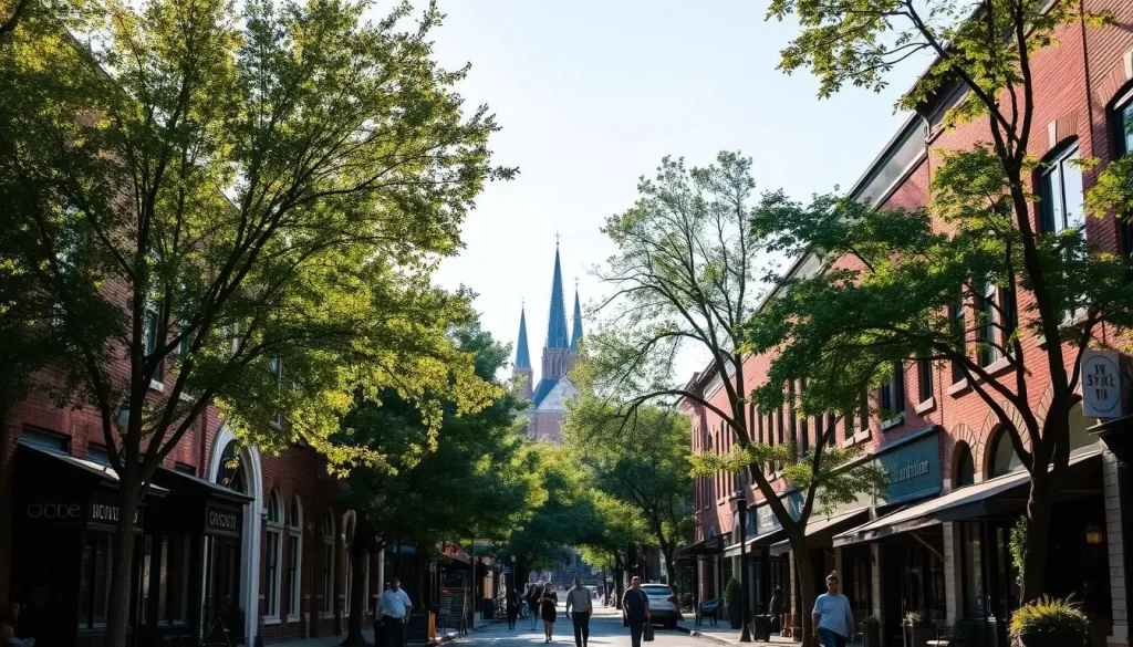 A vibrant historic neighborhood in Louisville, Kentucky on a pleasant afternoon. Quaint brick and limestone buildings line tree-lined streets, their facades adorned with intricate architectural details. Pedestrians stroll along the sidewalks, admiring the charming shops, cafes, and historic landmarks. Dappled sunlight filters through the canopy of mature trees, casting a warm glow over the scene. In the distance, the spires of a historic church rise against a clear blue sky. The mood is one of quiet elegance and timeless character, inviting visitors to immerse themselves in the city's rich history and culture.