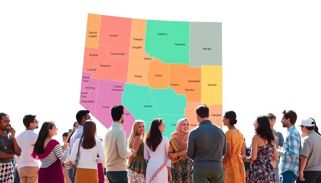 A vibrant illustration of the language landscape in Nevada, USA. A detailed map of the state forms the background, with different colors representing the dominant languages spoken across the region. In the foreground, a diverse group of people converse animatedly, each dressed in attire that reflects their cultural heritage. The scene is bathed in warm, natural lighting, creating a sense of openness and inclusivity. The overall composition conveys the rich linguistic tapestry and dynamic demographic trends that define Nevada's linguistic landscape.