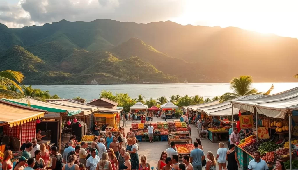 A vibrant island festival, with colorful stalls displaying an array of local produce, handcrafted goods, and traditional delicacies. In the foreground, groups of people gather around a central stage, where musicians and dancers perform lively island rhythms. The middle ground features a bustling marketplace, where vendors offer an enticing variety of tropical fruits, vegetables, and aromatic spices. In the background, lush, verdant hills rise up, framing the scene with a beautiful natural backdrop. The warm, golden light of the sun bathes the entire landscape, creating a serene and inviting atmosphere, perfectly capturing the essence of an island harvest celebration.