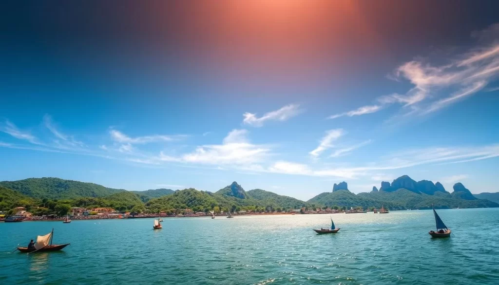 A vibrant lakeside panorama in Mwanza, Tanzania, under a clear azure sky. The shimmering waters of Lake Victoria stretch out in the foreground, reflecting the surrounding lush, verdant hills. In the middle ground, traditional boats and dhows dot the shoreline, their sails billowing in the gentle breeze. Sunshine filters through wispy clouds, casting a warm, golden glow over the bustling harbor and bustling market stalls. The city's iconic rocky promontories rise majestically in the background, creating a dramatic, picturesque backdrop. This serene and inviting scene captures the best time to visit Mwanza - during the dry season when the weather is mild and the days are filled with vibrant activity.