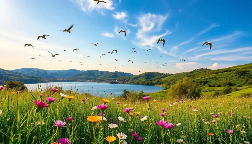 A vibrant landscape at Kuşcenneti Milli Parkı, Turkey, captured on a picturesque spring day. In the foreground, a lush field of wildflowers in bloom, their petals dancing in the gentle breeze. In the middle ground, a serene lake reflects the azure sky, dotted with the graceful silhouettes of migratory birds taking flight. The background features rolling hills covered in verdant foliage, enhanced by warm, golden sunlight filtering through wispy clouds. The scene conveys a sense of tranquility and abundance, inviting the viewer to immerse themselves in the natural wonder of this Bird Paradise.