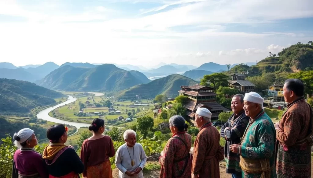 A vibrant landscape in Taitung County, Taiwan, showcasing the rich tapestry of indigenous languages. In the foreground, a group of elders from various tribal communities engage in lively conversation, their traditional garments and adornments reflecting the diverse cultural heritage. In the middle ground, a scenic vista of verdant mountains and winding rivers, with traditional longhouses and structures nestled among the natural beauty. The background features a clear sky with soft, diffused lighting, creating a serene and inviting atmosphere. The scene captures the essence of the indigenous languages that are deeply rooted in the land and the lives of the people of Taitung County.