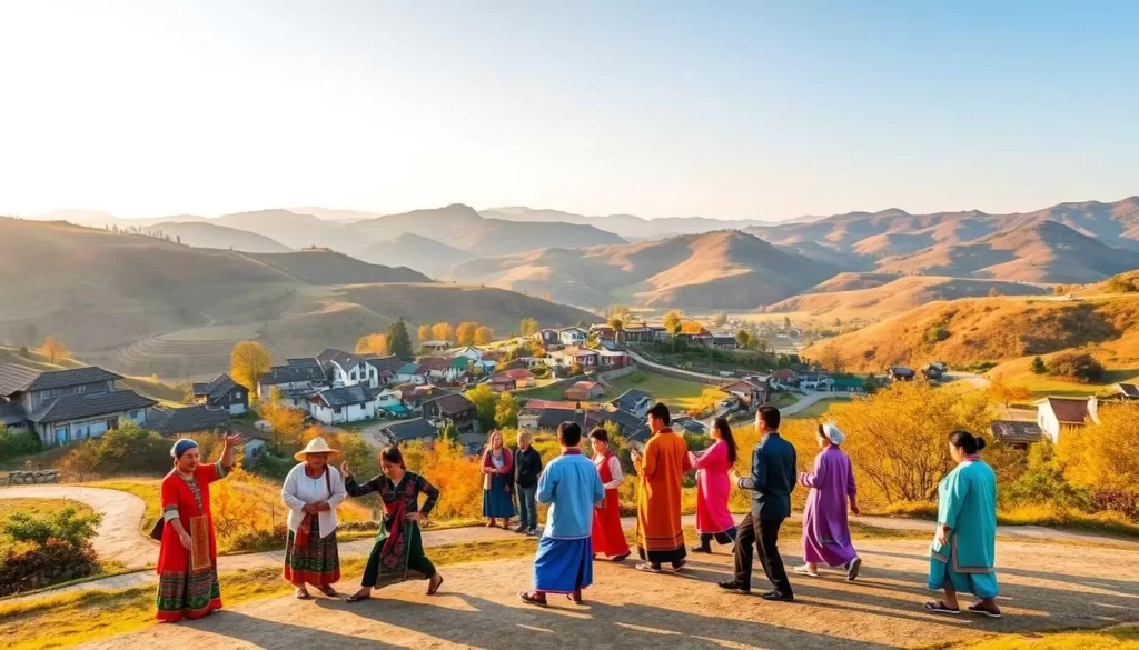 A vibrant landscape of Changhua County in Taiwan, showcasing the region's seasonal charm. In the foreground, a group of locals engage in traditional activities, their colorful costumes and lively movements capturing the essence of the season. The middle ground features a picturesque village, with quaint buildings and winding pathways that invite exploration. In the background, rolling hills and a clear sky create a serene, picturesque backdrop, bathed in warm, golden light. The scene radiates a sense of harmony and community, reflecting the unique cultural traditions and natural beauty of Changhua County throughout the year.