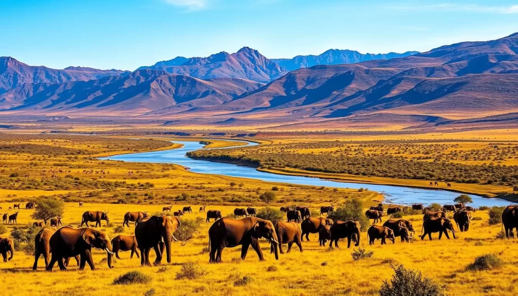 A vibrant landscape of lush, rolling hills and towering mountains, Pilanesberg National Park in South Africa. In the foreground, a majestic herd of elephants grazes peacefully, their massive frames silhouetted against the warm, golden sunlight. The midground features a winding river, its waters glistening as it reflects the azure sky above. In the distance, a diverse array of wildlife can be seen, from graceful antelopes to the powerful forms of rhinos and lions. The scene is bathed in a soft, natural lighting that casts long shadows and highlights the rich, earthy tones of the landscape. An aura of tranquility and wonder permeates the air, inviting the viewer to step into this enchanting wilderness.