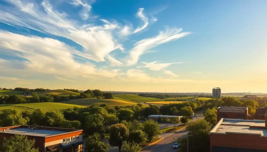 A vibrant landscape of rolling hills and lush greenery, bathed in the warm glow of the Midwestern sun. In the foreground, a picturesque small-town Main Street, its charming storefronts and tree-lined sidewalks reflecting the easygoing pace of Illinois life. Wispy clouds drift across a brilliant blue sky, casting playful shadows on the scene below. In the distance, the silhouettes of towering grain silos and the gentle curves of rural farmland paint a quintessential Illinoisan tableau. The overall mood is one of tranquility and contentment, inviting the viewer to imagine a leisurely, weather-savvy adventure through the heart of the Land of Lincoln.