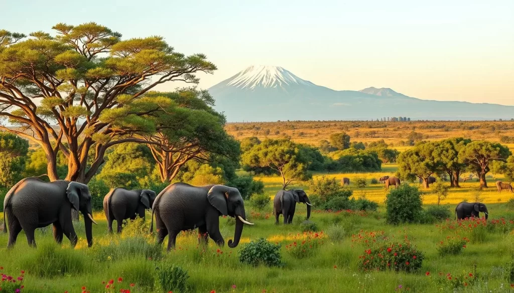 A vibrant landscape of the Mkomazi National Park in Tanzania, captured on a picturesque day. In the foreground, a herd of majestic elephants roams through the lush, verdant savanna, their trunks swaying gently. The midground features a diverse array of native flora, including acacia trees and vibrant wildflowers, creating a tapestry of colors. In the distance, the iconic silhouettes of Kilimanjaro and Mount Meru rise majestically, their snow-capped peaks reflecting the warm glow of the sun. The scene is bathed in soft, natural lighting, evoking a sense of tranquility and wonder. This image perfectly encapsulates the beauty and serenity of Mkomazi, Tanzania's hidden gem.