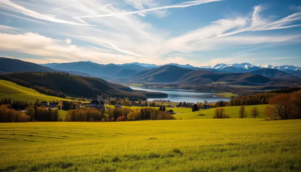 A vibrant landscape showcasing Vermont's diverse weather patterns. In the foreground, a rolling field of lush green grass bathed in warm sunlight, with wispy clouds drifting overhead. In the middle ground, a picturesque village nestled between gently sloping hills, its charming buildings and church steeple reflected in a calm, mirror-like lake. Farther in the distance, a range of majestic mountains, their peaks capped with pristine snow, casting long shadows across the valley. The scene is imbued with a sense of tranquility and natural beauty, capturing the essence of Vermont's ever-changing, weather-driven landscape.