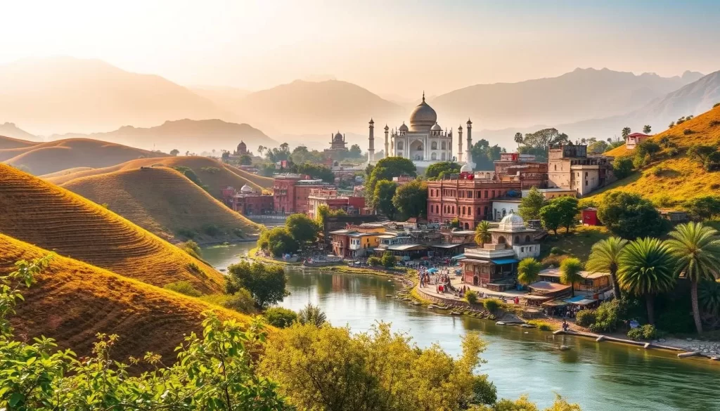 A vibrant landscape showcasing the diverse beauty of India during its prime visiting months. A sun-dappled scene with rolling hills, lush green foliage, and a serene lake or river in the foreground. In the middle ground, colorful local markets, bustling with activity and authentic Indian architecture. The background features majestic snow-capped mountains or iconic landmarks like the Taj Mahal, bathed in warm, golden light. The overall mood is one of tranquility, wonder, and the perfect balance of nature and culture, inviting the viewer to experience the best of India's weather-savvy travel season.