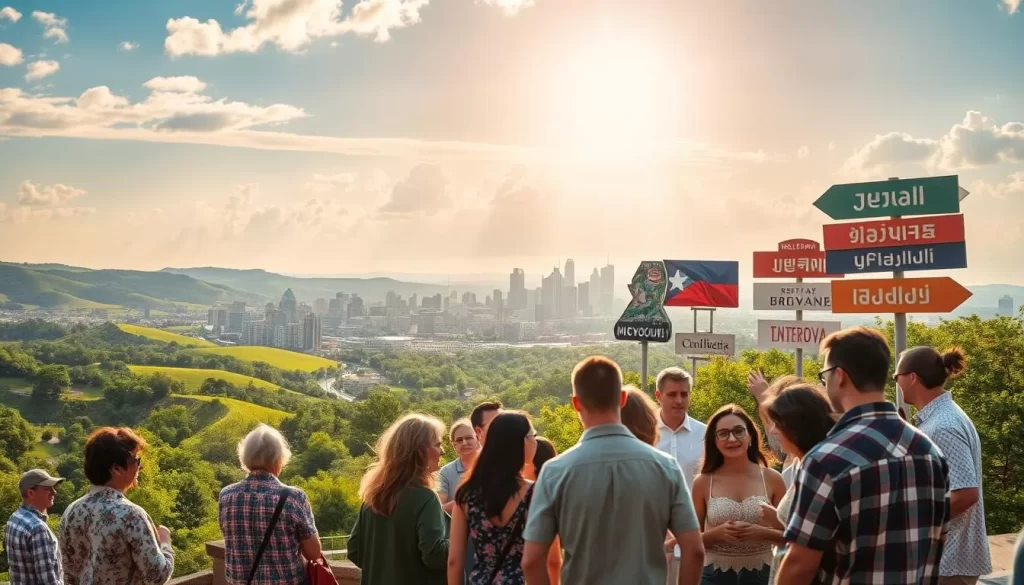 A vibrant landscape showcasing the diverse language tapestry of Missouri. In the foreground, a group of people conversing in various languages, their gestures and expressions conveying the richness of cultural exchange. In the middle ground, a bustling city skyline with signage in multiple scripts, reflecting the state's linguistic diversity. The background features rolling hills, lush greenery, and a bright, sun-dappled sky, creating a warm and welcoming atmosphere. Captured with a wide-angle lens and soft, natural lighting to emphasize the harmonious coexistence of the state's linguistic heritage.