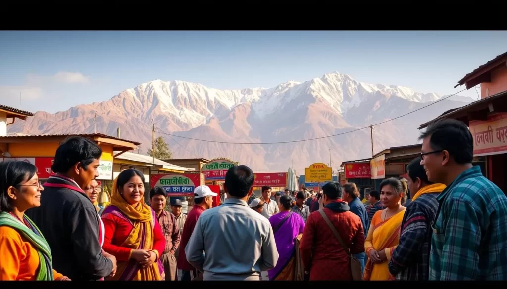 A vibrant landscape showcasing the diverse languages of Arunachal Pradesh, India. In the foreground, a group of people from different ethnic backgrounds converse animatedly, their traditional attire and body language reflecting the richness of their cultural heritage. In the middle ground, a bustling market scene with colorful stalls and vendors, each displaying signage in a variety of scripts. Behind them, the majestic Himalayan mountains rise, their snow-capped peaks bathed in warm, golden sunlight, creating a serene and awe-inspiring backdrop. The scene is filled with a sense of harmony and celebration, capturing the essence of Arunachal Pradesh's linguistic and cultural tapestry.