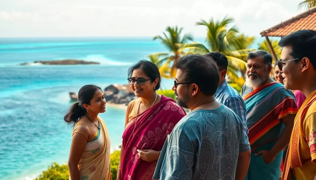 A vibrant landscape showcasing the diverse languages of Lakshadweep, a picturesque union territory of India. In the foreground, a group of locals engaged in lively conversation, their body language and facial expressions reflecting the rich cultural tapestry. The middle ground features traditional architecture with intricate patterns, hinting at the linguistic heritage. In the background, a stunning coastal vista with azure waters and swaying palm trees, creating a serene and inviting atmosphere. Warm natural lighting illuminates the scene, evoking a sense of tranquility and harmony. Capture the essence of Lakshadweep's linguistic diversity through this visually captivating and immersive image.