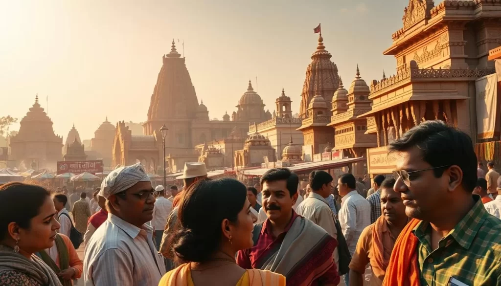 A vibrant landscape showcasing the diverse languages of Madhya Pradesh, India. In the foreground, a group of people engaged in lively conversations, their expressions animated as they exchange words in regional dialects. In the middle ground, a bustling marketplace, with vendors hawking their wares in a cacophony of tongues. Towering in the background, ancient temples and shrines, their intricate carvings and architecture reflecting the rich cultural heritage of the state. Warm, golden sunlight filters through the scene, casting a soft, inviting glow. The atmosphere is one of energy, diversity, and the celebration of Madhya Pradesh's linguistic tapestry.