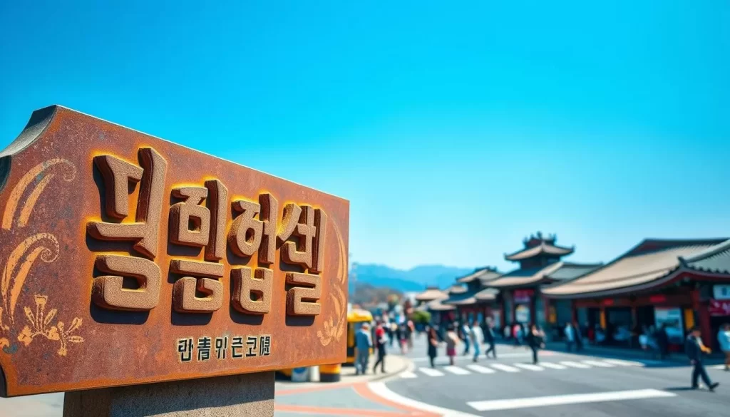 A vibrant landscape showcasing the elegant calligraphy and unique characters of the Korean language. In the foreground, a beautifully crafted sign or plaque displays the graceful flow of Korean script, illuminated by warm, natural lighting. In the middle ground, a bustling street scene with pedestrians and traditional architecture serves as a backdrop, capturing the essence of a lively Korean city. The background features a clear, azure sky, lending a serene and picturesque atmosphere to the overall scene. The composition emphasizes the harmony between the written language and the built environment, highlighting the rich cultural heritage of South Korea.
