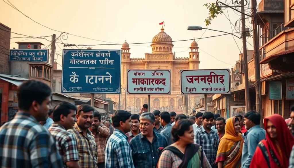 A vibrant landscape showcasing the linguistic diversity of Bihar, India. In the foreground, a lively street scene with people conversing in various languages, their expressions animated. In the middle ground, prominent signage in multiple scripts - Devanagari, Urdu, and Bengali - representing the region's official and widely spoken tongues. The background depicts the iconic architecture of Bihar, bathed in warm, golden light, creating a sense of cultural richness and heritage. The overall composition conveys the harmony and coexistence of the diverse linguistic traditions that define this dynamic state.