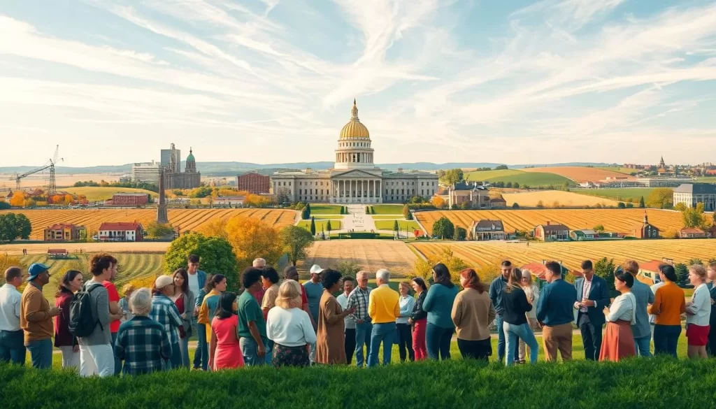 A vibrant landscape showcasing the linguistic diversity of Iowa. In the foreground, a group of people from various cultural backgrounds engage in lively conversations, each representing a unique language spoken in the state. The middle ground features prominent landmarks like the state capitol building and rolling farmlands, symbolizing the state's dynamic blend of urban and rural life. In the background, a clear sky with wispy clouds creates a warm, inviting atmosphere, reflecting the welcoming spirit of Iowa. Captured with a wide-angle lens, the scene conveys a sense of harmony and inclusion, reflecting the tapestry of languages that shape the cultural identity of this Midwestern state.