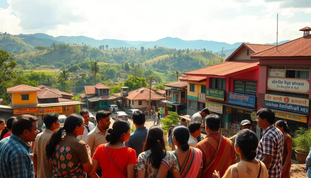 A vibrant landscape showcasing the linguistic diversity of Mizoram, India. In the foreground, a group of people engaged in animated conversation, representing the various ethnic groups and their distinct languages. The middle ground features colorful buildings and shops, with signage in multiple scripts, hinting at the multilingual urban environment. In the background, rolling hills and lush greenery provide a picturesque backdrop, symbolizing the region's natural beauty. The scene is bathed in warm, golden sunlight, creating a welcoming and harmonious atmosphere. Capture this scene with a wide-angle lens, emphasizing the sense of community and the coexistence of diverse linguistic traditions.