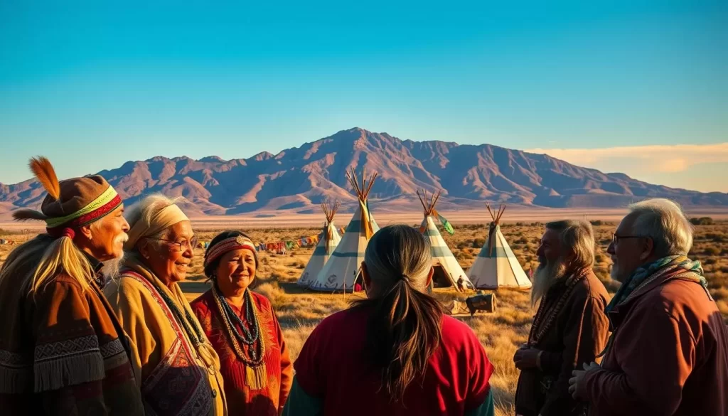 A vibrant landscape showcasing the rich diversity of Native American languages in Oklahoma. In the foreground, a group of indigenous elders engage in animated conversation, their faces illuminated by warm, natural lighting. The middle ground features a traditional teepee village, with colorful banners and flags fluttering in the gentle breeze. In the background, a majestic mountain range stands as a testament to the land's timeless beauty. The scene evokes a sense of cultural heritage, wisdom, and the enduring spirit of the region's first inhabitants.